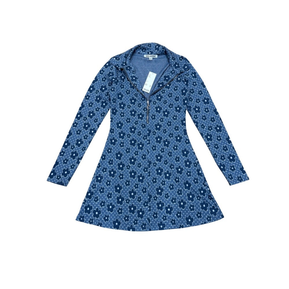 Urban Outfitters Harley Printed Long Sleeve Mini Dress Blue Floral Retro M NWT
